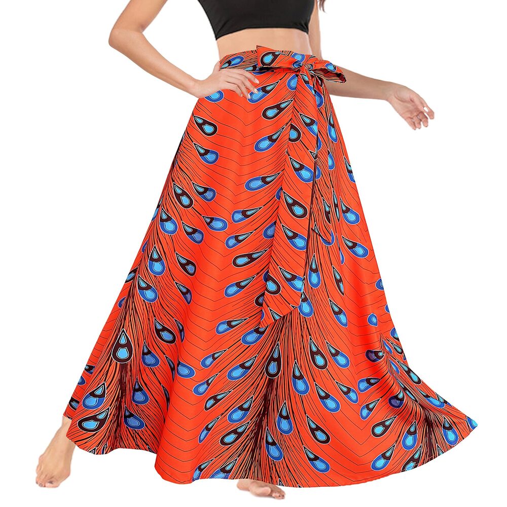 7861 High Waist African Skirts Tie Front A-Line Flowy Long Maxi Skirts